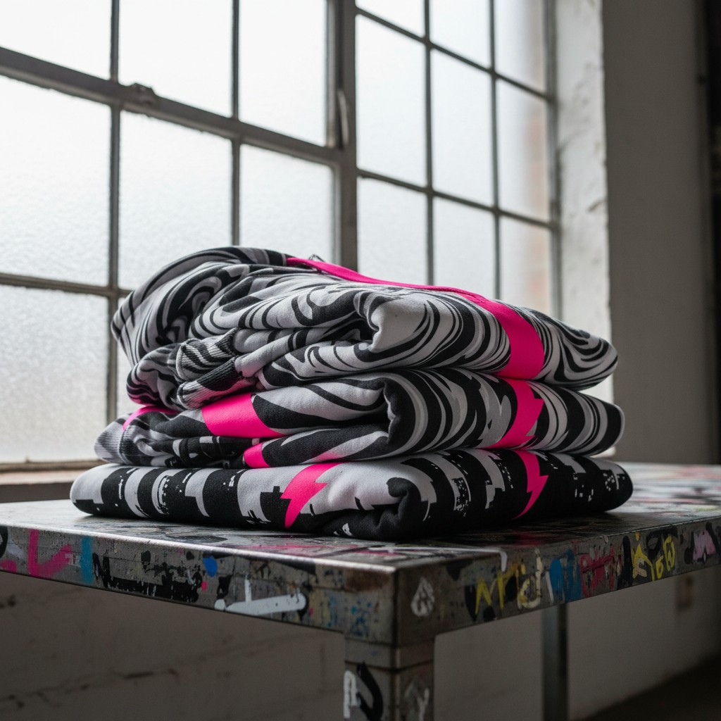 A stack of gray and black hoodies with pink accents on the bottom of a dark and graffiti-covered space.