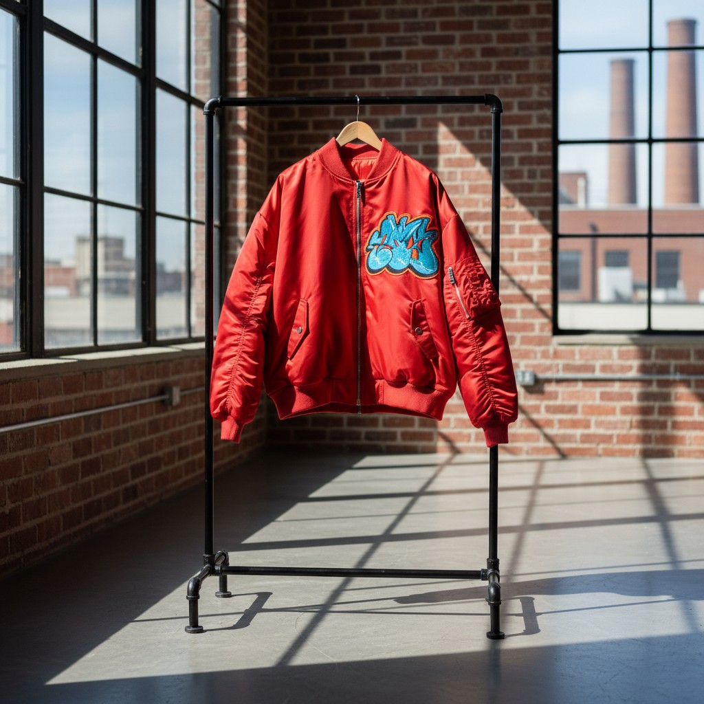 The cropped bomber jacket in the image features blue graffiti-like writing across the left chest area. The jacket is red w...